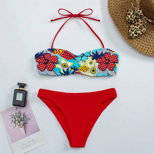 Damen Bandeau-Bikini mit floralem Muster und rutschfestem Design EB