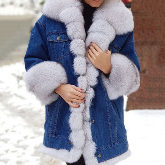 Damen Denimjacke mit luxuriös gefüttertem Kunstfellkragen EB