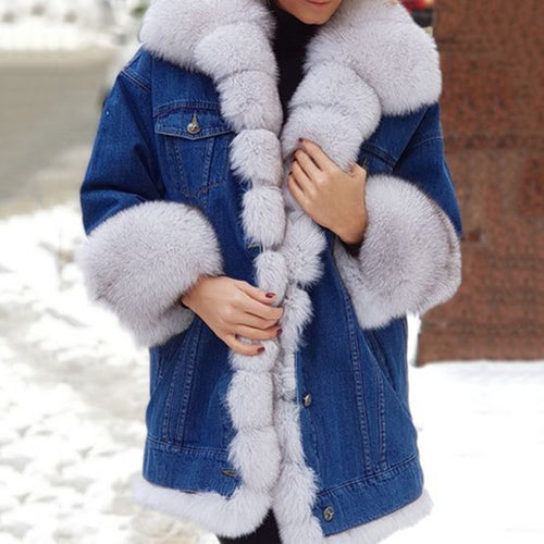 Damen Denimjacke mit luxuriös gefüttertem Kunstfellkragen EB