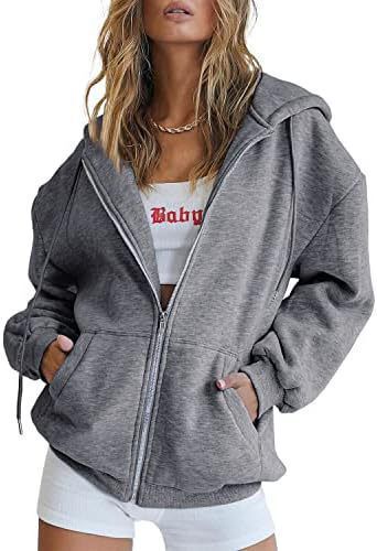 Damen nan lässige Zip-Hoodie-Jacke im Boxy-Cut mit überschnittener Schulter, verdecktem Tunnelzug und großen Kängurutaschen EB