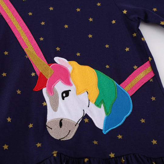 Mädchen Langarmkleid mit zauberhaftem Einhorn-Applikationsdesign EB