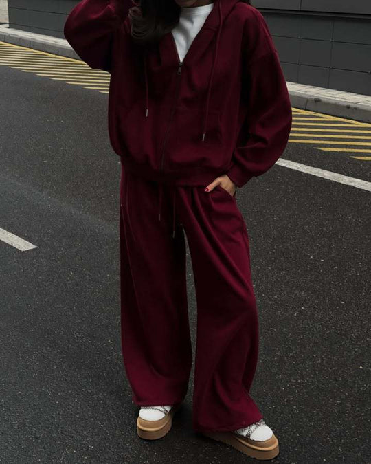 Damen oversized Kapuzenjacke mit Reißverschluss und weiten Jogginghose Lounge-Set EB