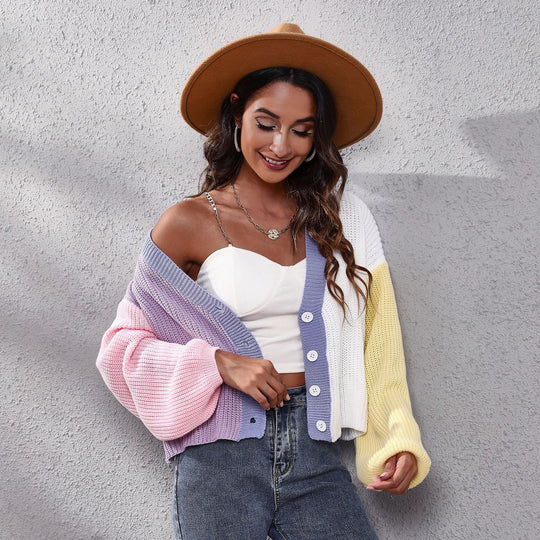 Damen Strickjacke mit buntem Farbblock-Design und weiten Ärmeln EB