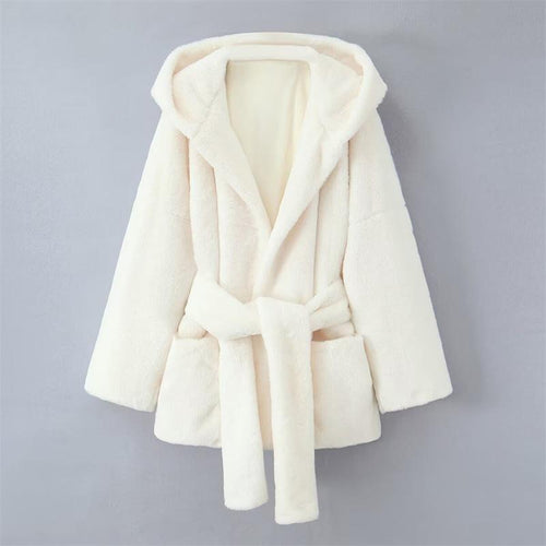 Damen Kapuzenjacke aus kuscheligem Material mit taillierbarem Gürtel und praktischen Taschen EB