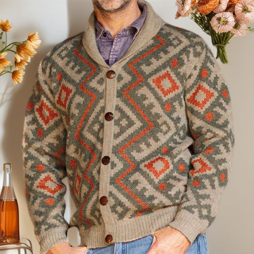 Herren Strickjacke mit geometrischem Muster und gemütlichem Schalkragen EB