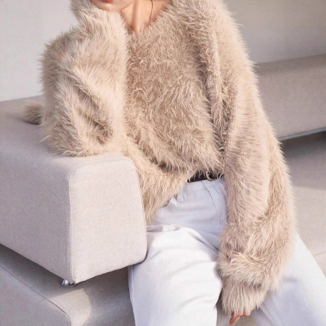 Damen Lang geschnittener Kuschel-Feinstrickpullover mit weichem Flormix, Rundhalsausschnitt und legerer Silhouette EB