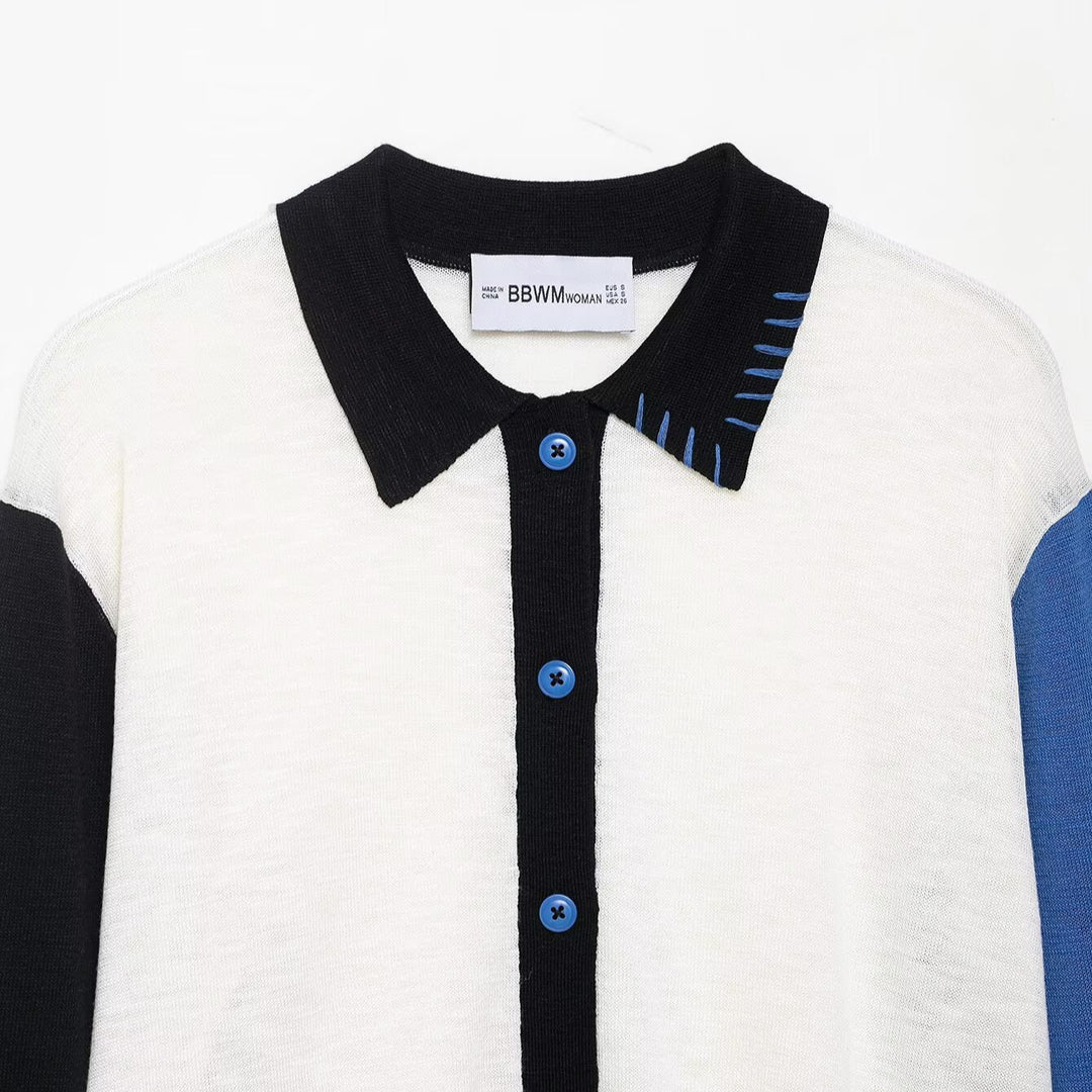 Damen modische Strickjacke mit farblich abgesetzten Ärmeln und Knopfverschluss EB