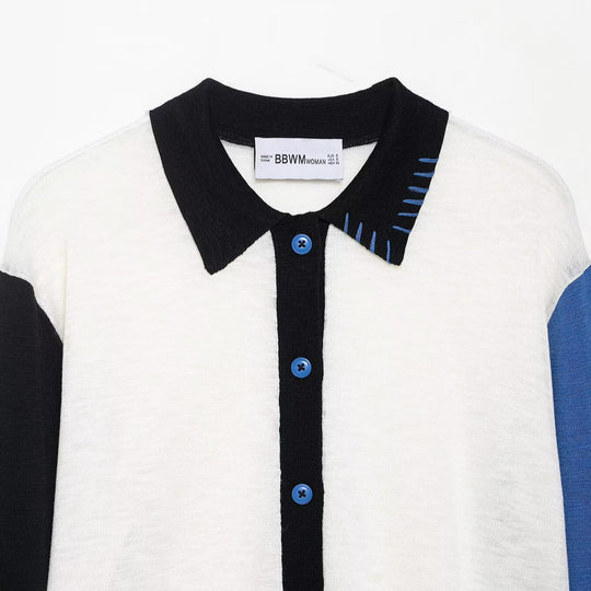 Damen modische Strickjacke mit farblich abgesetzten Ärmeln und Knopfverschluss EB