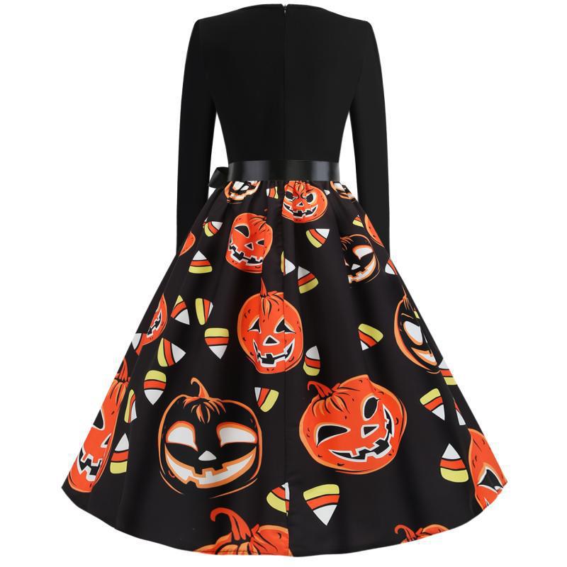 Damen Vintage A-Linien-Kleid mit gewelltem Ausschnitt, Taillenschärpe und Kürbis-Print EB