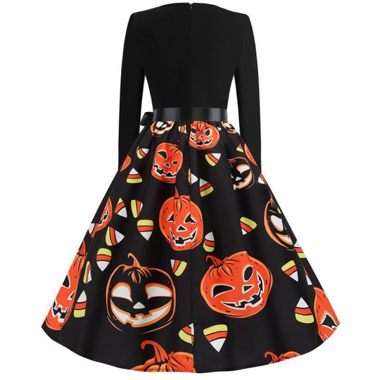 Damen Vintage A-Linien-Kleid mit gewelltem Ausschnitt, Taillenschärpe und Kürbis-Print EB