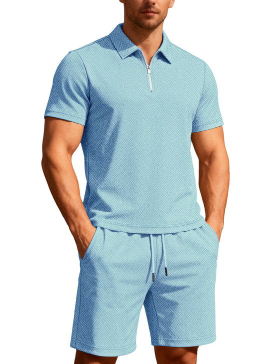 Herren nan komfortables Lounge-Zweiteiler aus strukturierter Baumwollmischung mit Halbzip-Poloshirt und Kordel-Shorts EB