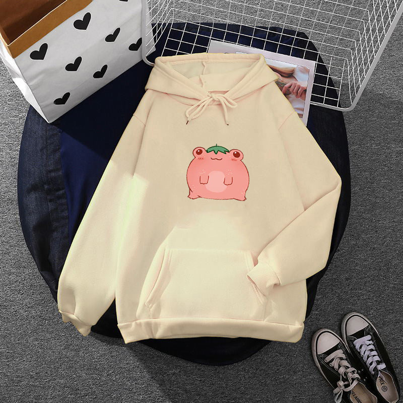 Damen nan oversized Kapuzenpullover aus Microfleece mit Cartoonfrosch-Motiv und Kängurutasche EB