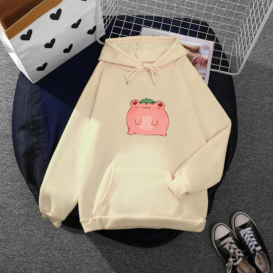 Damen nan oversized Kapuzenpullover aus Microfleece mit Cartoonfrosch-Motiv und Kängurutasche EB