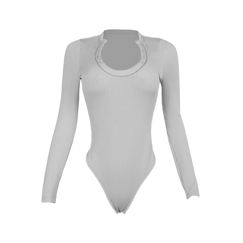 Damen Figurbetonter Rippshirt-Body mit langen Ärmeln und hohem Beinschnitt EB