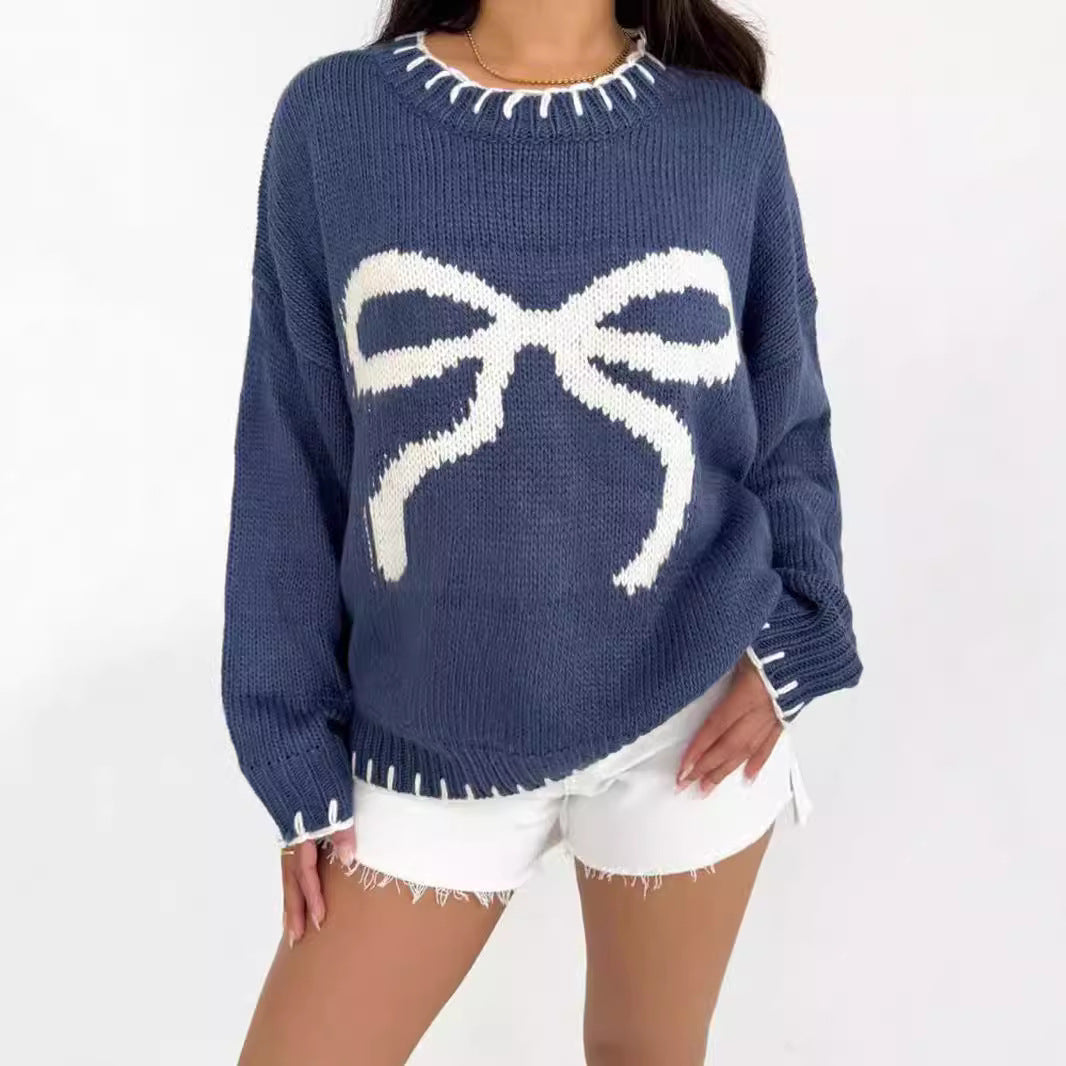 Damen Strickpullover mit verspieltem Schleifenmotiv und lässigem Schnitt EB