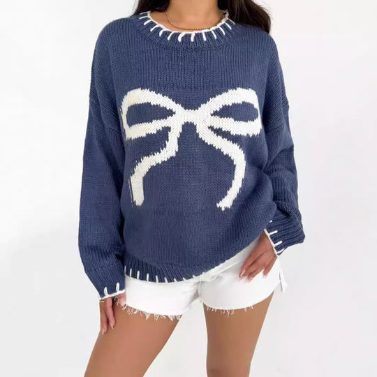 Damen Strickpullover mit verspieltem Schleifenmotiv und lässigem Schnitt EB
