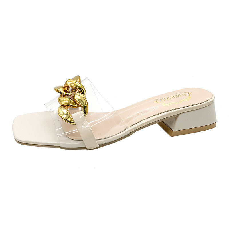 Damen modische transparente Mules mit goldener Kettenverzierung EB