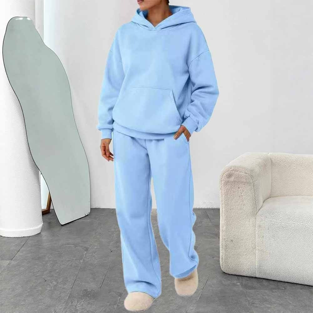 Damen nan zweiteiliges Freizeit-Lounge-Set mit Kapuzenpullover, Kängurutasche und gerader Loungehose aus weichem Baumwollmix EB