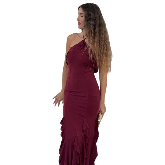 Damen Exklusives Maxikleid mit asymmetrischem Rüschenverlauf und elegantem Schnitt EB