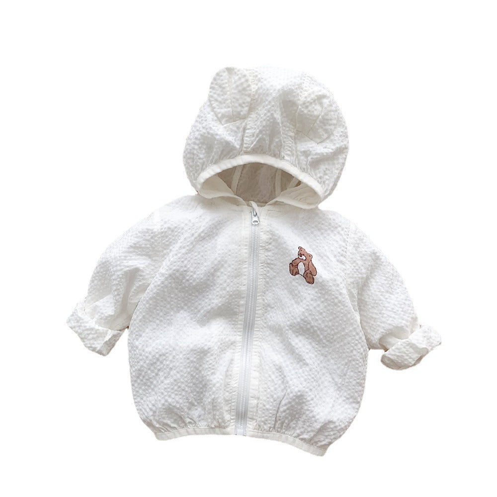 Unisex nan strukturierte Baumwolle Baby Kapuze Zip Front Jacke mit Bären Applikation EB