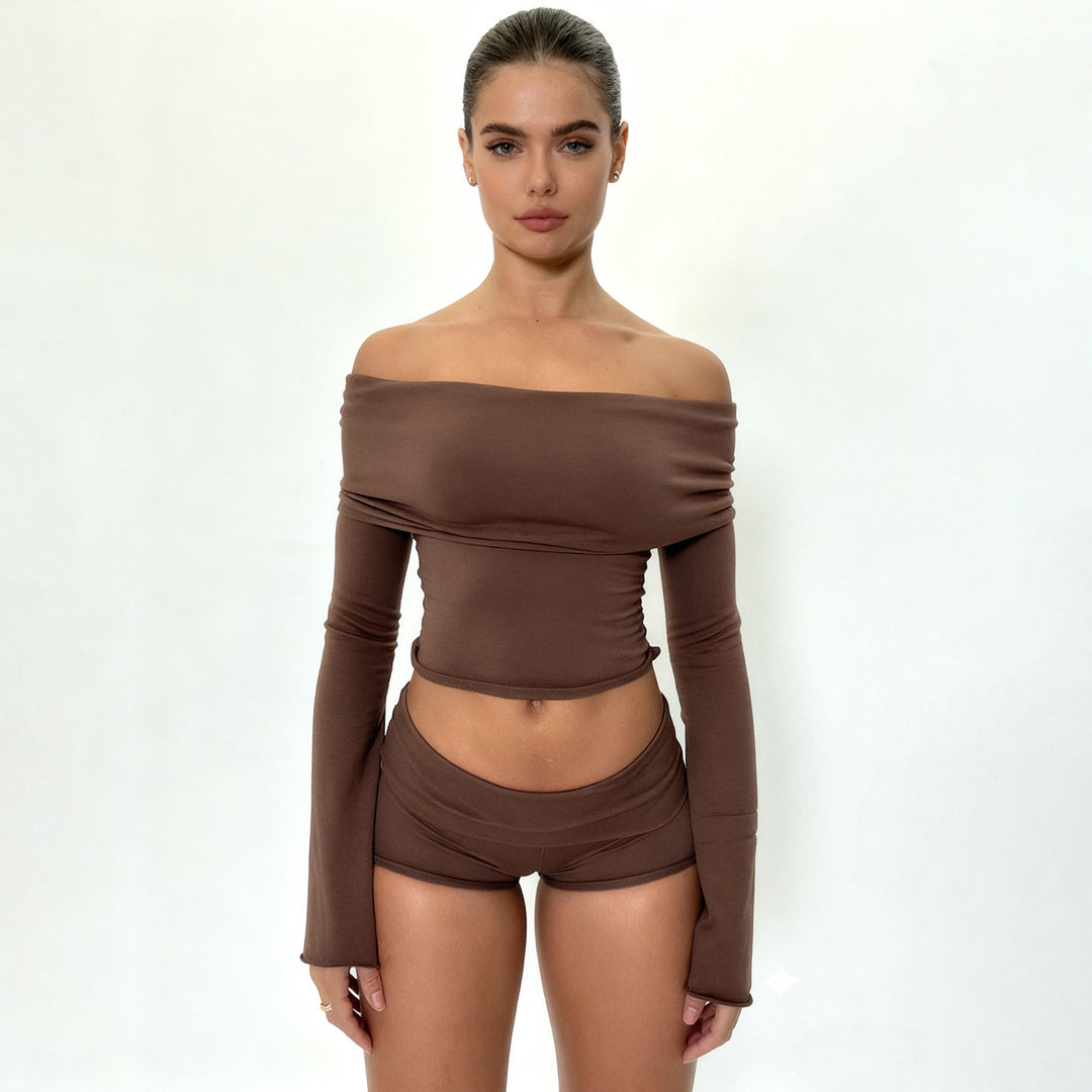Damen nan Off-Shoulder Lounge-Set mit Langarm-Croptop und Highwaist-Shorts aus Stretchjersey EB