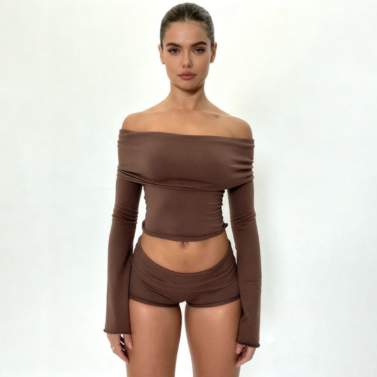 Damen nan Off-Shoulder Lounge-Set mit Langarm-Croptop und Highwaist-Shorts aus Stretchjersey EB