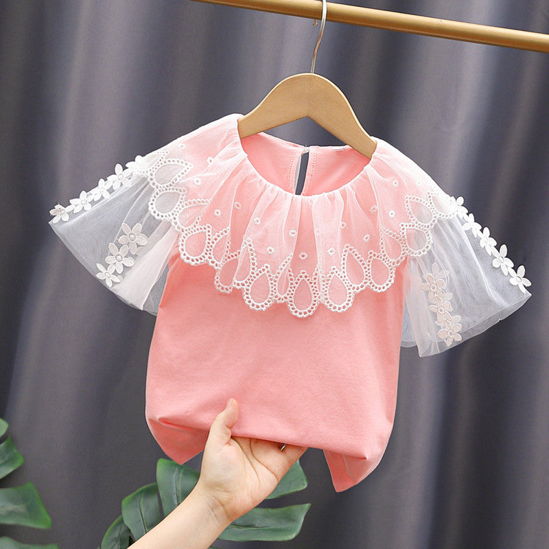 Mädchen Bluse mit Blumenstickerei und Tüllärmeln EB