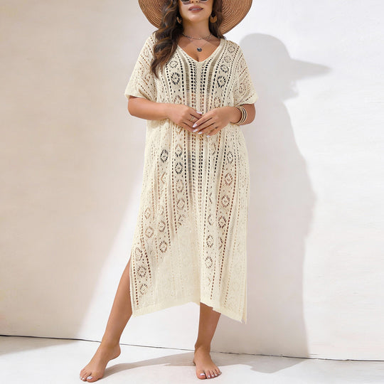 Damen Häkelstrandkleid mit V-Ausschnitt und seitlichem Schlitz EB