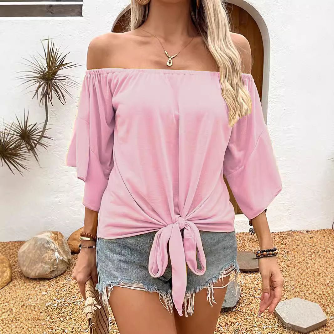Damen Off-Shoulder Oberteil mit knotenförmigem Design und lässigen Flügelärmeln EB