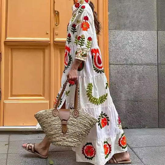 Damen Langarm-Teilkaro Kleid mit floralen Stickereien EB