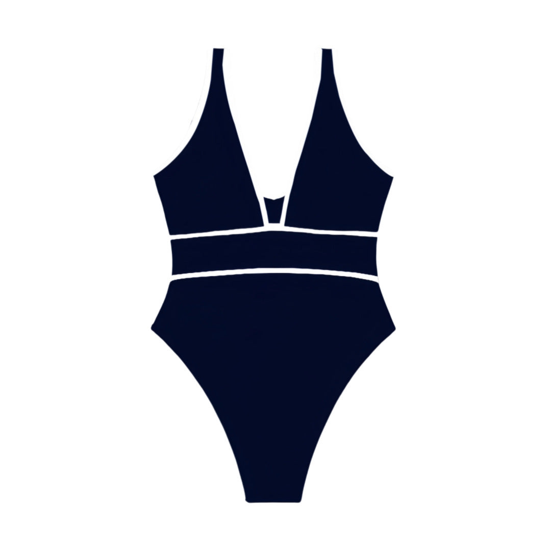 Damen Einteiliger Badeanzug mit tiefem V-Ausschnitt und modischen Kontrasten EB