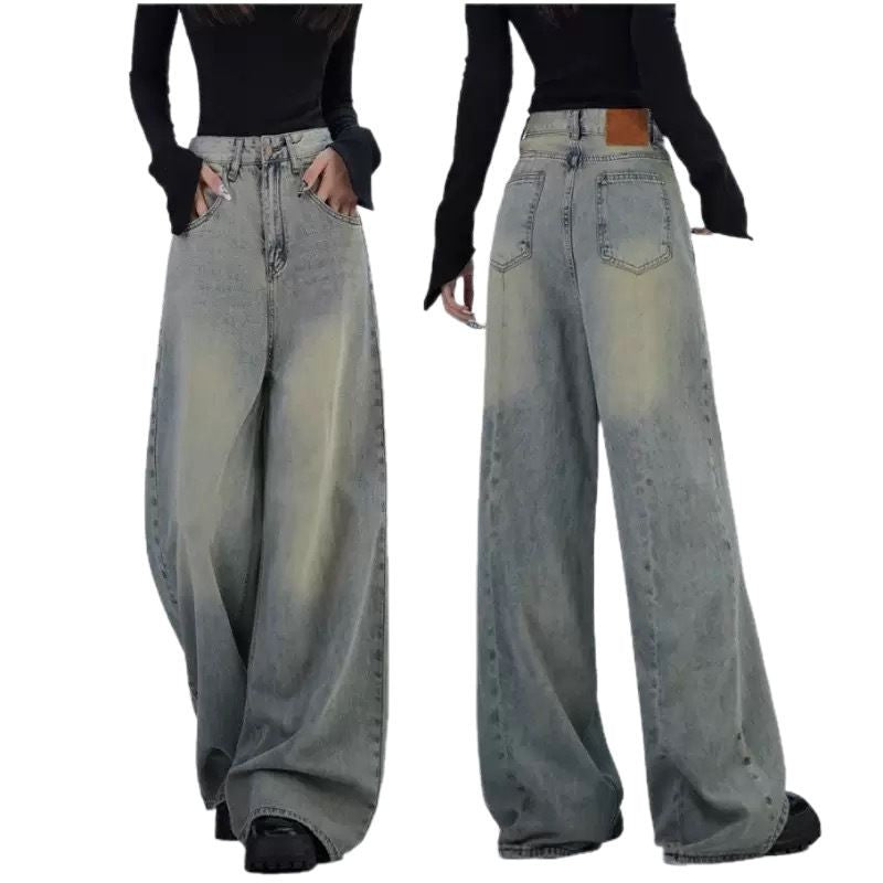 Damen trendige Baggy-Jeans mit hohem Bund und weiten Beinen EB