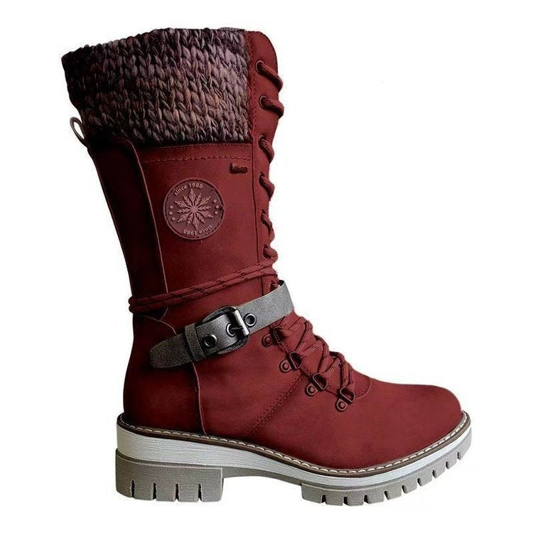 Damen nan hoher Schnürstiefel mit Strickbündchen, robuster Profilsohle und seitlichem Reißverschluss EB