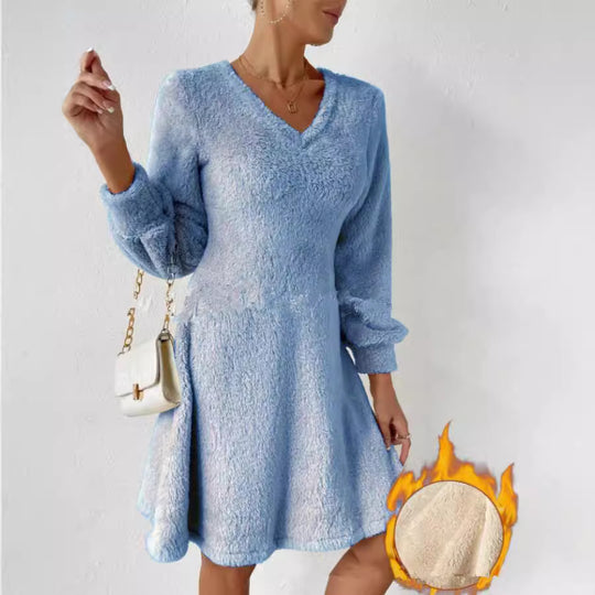 Damen fließendes V-Ausschnitt Kleid mit langen Ärmeln und weichem Fleece EB