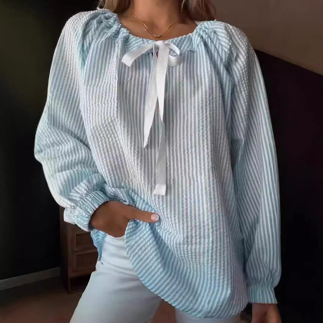 Damen Blusenshirt mit elastischem Puffärmel und dekorativem Bindeband EB