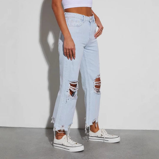 Damen Distressed Jeans mit weitem Bein und fransigem Saum EB