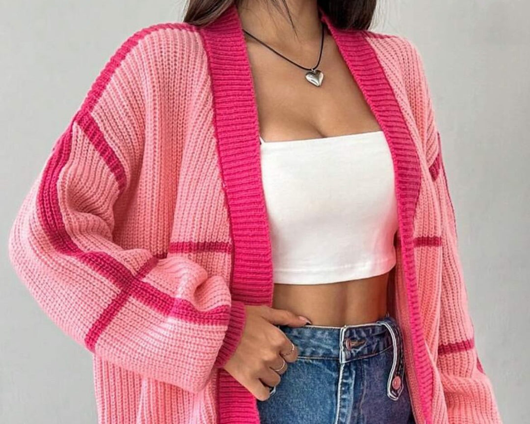 Damen Grobstrickjacke mit Farbkontrast und lässigem Schnitt EB