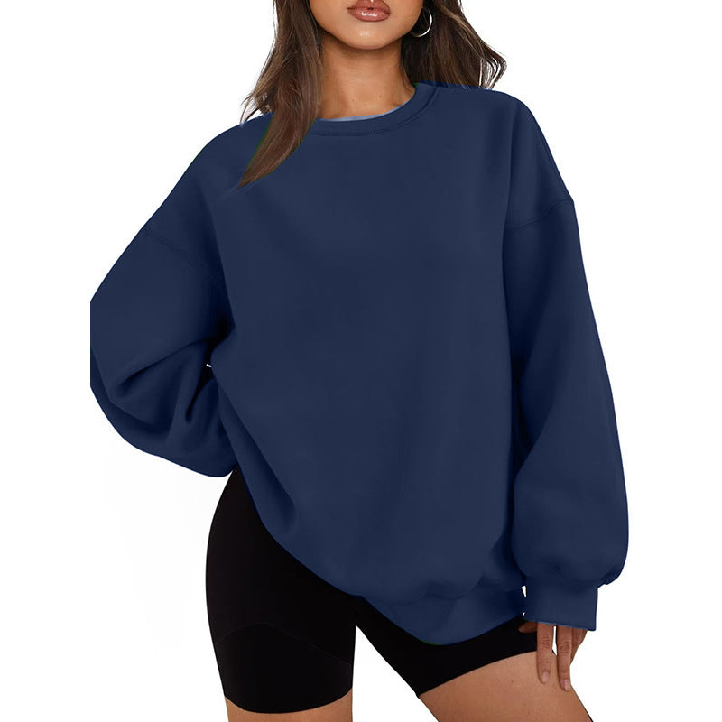 Damen nan Oversized Rundhals-Sweatshirt mit überschnittener Schulter, weichem Fleece-Innenfutter und gerippten Bündchen EB