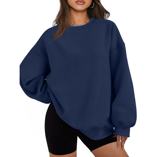 Damen nan Oversized Rundhals-Sweatshirt mit überschnittener Schulter, weichem Fleece-Innenfutter und gerippten Bündchen EB