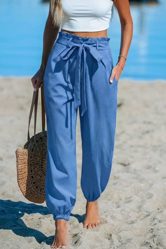 Damen Leichte Paperbag-Hochbund-Hose mit Bindegürtel, Seitentaschen und elastischen Knöchelbündchen EB