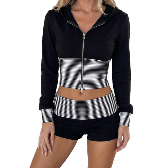 Damen nan kurz geschnittenes Lounge-Set mit Kapuzen-Cropped-Zip und gestreiften Highwaist-Shorts EB