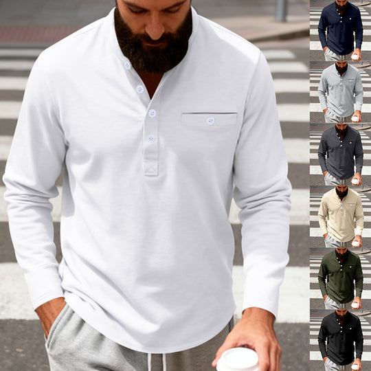 Herren nan langärmeliges Henley-Shirt mit Stehkragen, Brusttasche und dekorativer Knopfleiste EB