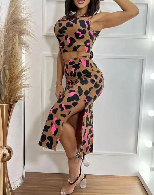 Damen Zweiteiliges Set mit figurbetonendem Design und farbigen Tiermustern EB