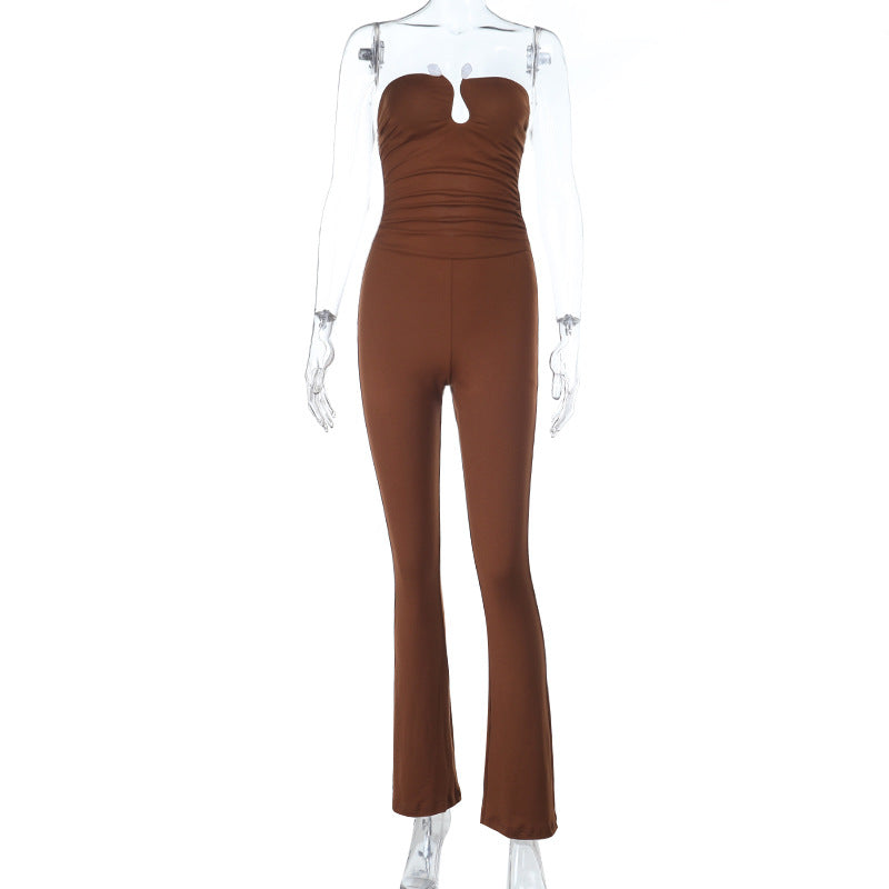 Damen eleganter schulterfreier Jumpsuit mit tiefem Schlüssel-Ausschnitt und figurbetontem Schnitt EB