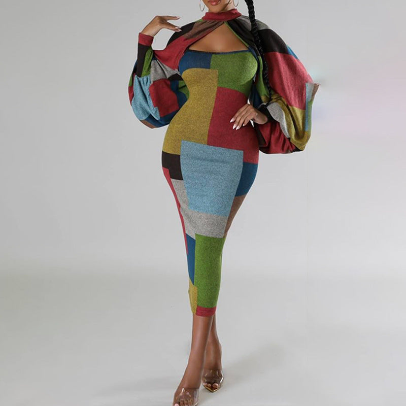 Damen Langarm-Kleid mit geometrischem Schnitt und voluminösen Ärmeln EB