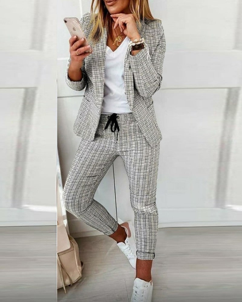 Damen nan lässig-elegantes Karozweiteiler Blazer mit Tunnelzug-Slimhose EB