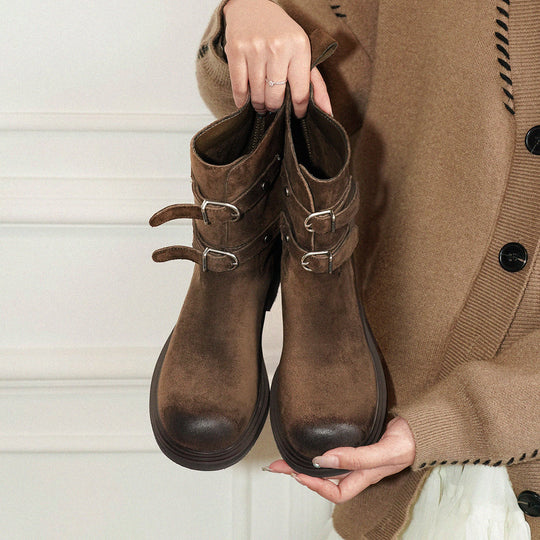 Damen modische Ankle Boots mit dekorativen Riemen und robustem Sohlenprofil EB