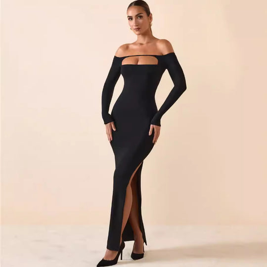 Damen Figurbetontes Langarmkleid mit Cut-Out-Design und schulterfreiem Stil EB