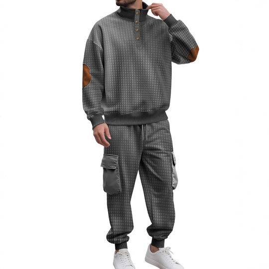 Herren nan Karo-Relief-Sweatset mit Stehkragen-Knopfleiste, Velours-Ellenbogenpatches und Cargo-Jogger EB
