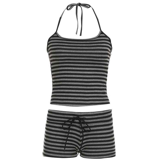 Damen gestreiftes Sportoberteil und Shorts Set EB